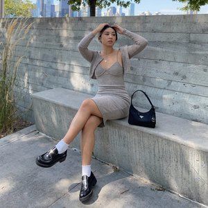 BEIGE RIBBED KNIT MIDI DRESS + CROPPED CARDIGAN